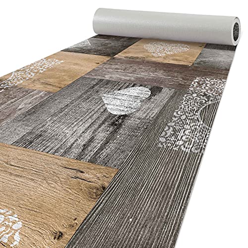 ANRO Küchenteppich Läufer Küchenläufer Teppichläufer Bodenläufer Holz Braun Herz Liebe Abwaschbar 200x50cm