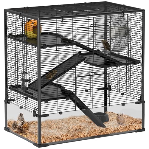 PawHut Hamsterkäfig für Zwerghamster, 4-stufiges Nagerkäfig mit Glasboden, Hütte, Laufrad, Rampen, Futterschale, Kleintierkäfig Zwerghamsterkäfig 78,5 x 48,5 x 80 cm Schwarz