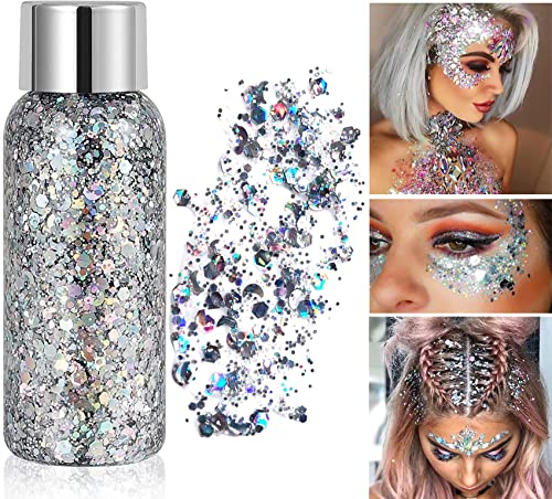 Glitzer Gesicht Body Glitter Gel, Meerjungfrau Glitzer Make Up, Festival Glitzer Gesicht Gel, Schminke Karneval Glitzer für Festival, Musikfestivals, Party, Masquerade, Body/Face/Haare/Lippen (Silber)