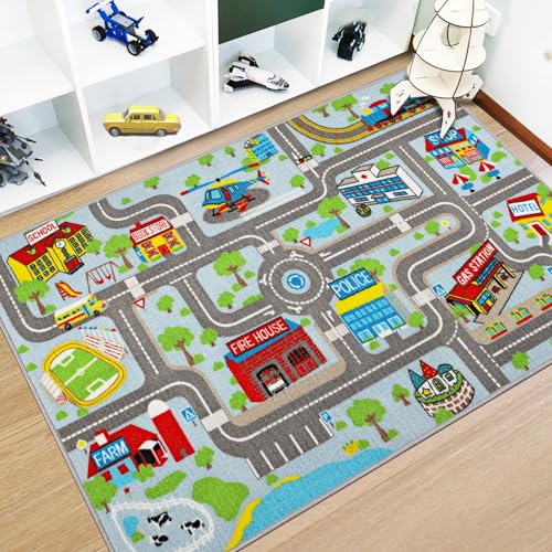 Capslpad Kinder Teppiche Spielteppich für Kinder Stadt 100x160cm rutschfest Kinderteppich Spielmatte Maschinenwaschbar Kurzflor Pädagogischer Spielteppich für Kinderzimmer Spielzimmer Dekor, Hellblau