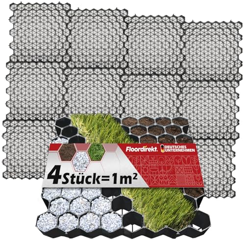 Floordirekt Rasengitter aus Kunststoff befahrbar 1m² - 4 Stück - 50 x 50 cm, schwarz - Bodengitter, Paddockplatte, Rasenwaben, Bodenwaben, Rasengitterplatten, Kiesgitter, Rasengittersteine