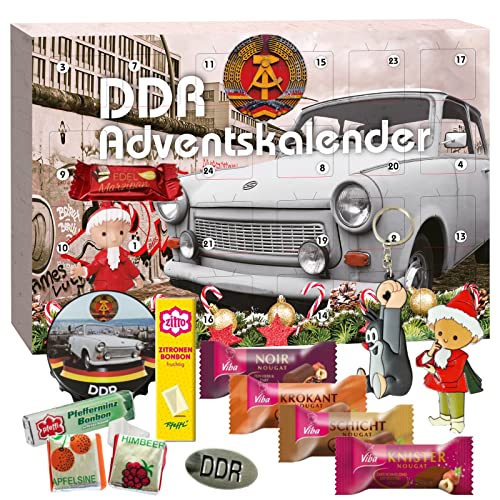 DDR Adventskalender 2022, 24 Türchen gefüllt mit unterschiedlichen DDR Spezialitäten und Produkten für eine besinnliche Weihnachtszeit mit Ostalgie Stimmung, Weihnachtskalender 2022 Geschenkset