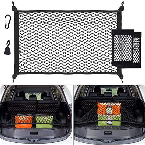 UIHOL Kofferraumnetz Auto, Gepäcknetz Erstreckt Sich auf 140x100cm, Aufbewahrung Netz für Kofferraum Autodach+2 Organizer Netztasche+4 Stahlkarabiner+4 ABS Haken, Elastischer Rand hält Lasten Fester