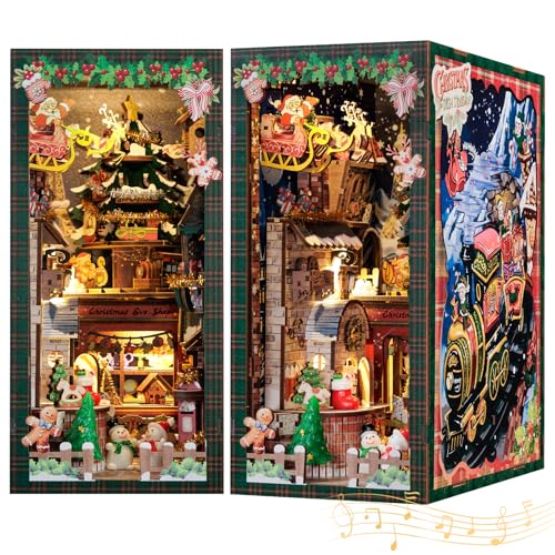 CUTEBEE DIY Book Nook Puppenhaus Kit mit Staubschutz und LED-Licht -DIY Miniatur Haus Kit,Holzkunst Buchstützen, Modell Kits für Erwachsene zu Bauen Weihnachtstag Geschenke (Christmas Wish Store)