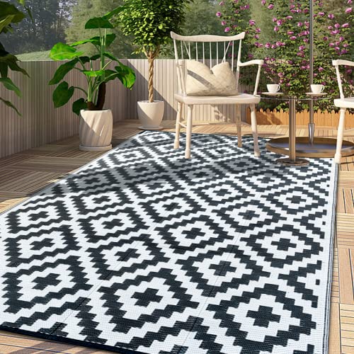 CHOSHOME Teppich Outdoor Wetterfest 120X180CM Balkon Teppiche Wetterfester In-& Outdoor Modern Strapazierfähige Teppiche für Terrasse Garten Geeignet Teppich Wohnzimmer Schwarz UV Beständig